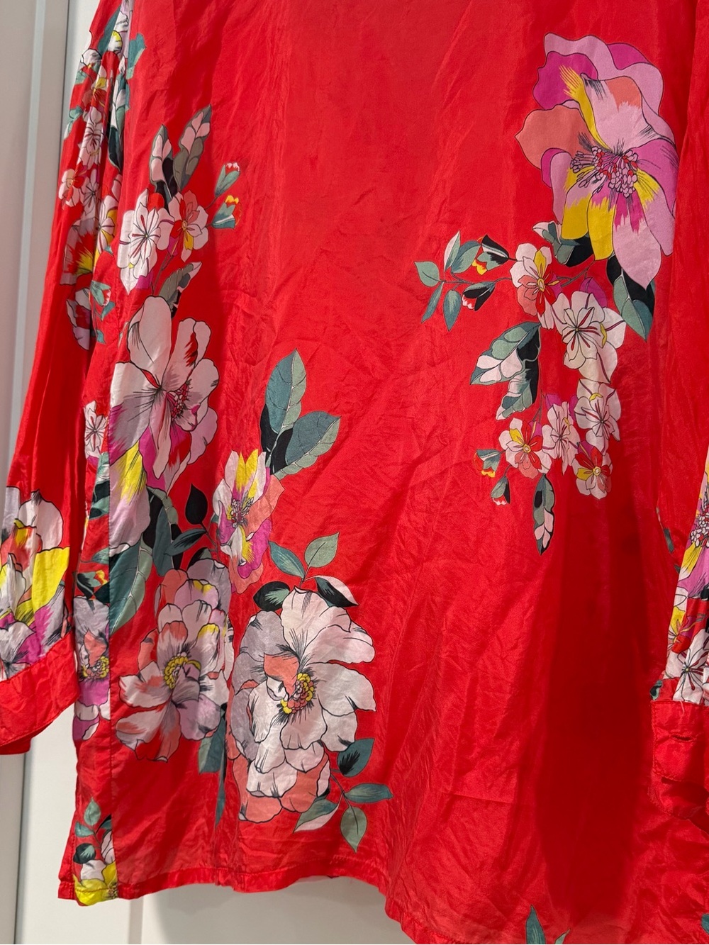 Johnny Was Silk Woven Red Floral Collared Button-Up Blouse 3/4 Sleeve L - Picture 7 of 10